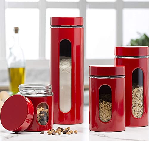 Quality Modern Red Stainless Steel Canister Set for Kitchen Counter with Glass Window & Airtight Lid - Food Storage Containers with Lids Airtight - Pantry Storage and Organization Set