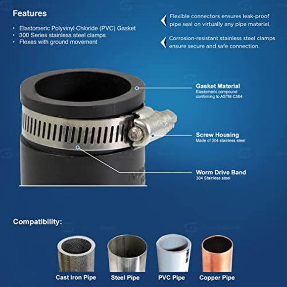Supply Giant 6I4Jx2 Flexible PVC Reducing Coupling with Stainless Steel Clamps 1-1/2 x 1-1/4 inch Black (Pack of 2), 1-1/4