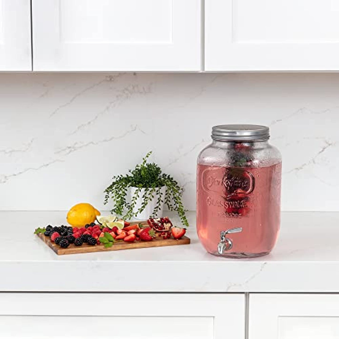 2-Gallon Glass Beverage Dispenser for Parties - 100% Leakproof Stainless Steel Spigot + Marker & Label & Fruit Infuser, Drink Dispenser, Liquid Laundry Detergent Dispenser, Water Dispenser Punch Bowls