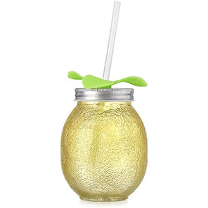 Set of 8 Yellow Lemon Shape Glass Sipper With Metal Lids & Plastic Straws (13.5 Oz)