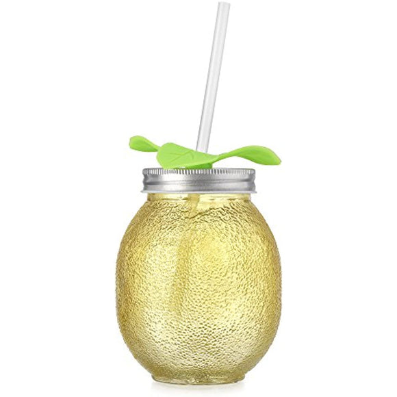 Set of 8 Yellow Lemon Shape Glass Sipper With Metal Lids & Plastic Straws (13.5 Oz)