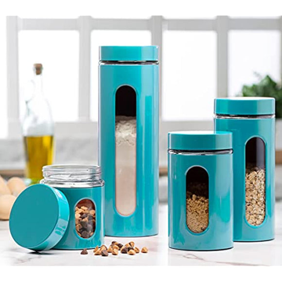 Quality Modern Aqua Stainless Steel Canister Set for Kitchen Counter with Glass Window & Airtight Lid - Food Storage Containers with Lids Airtight - Pantry Storage and Organization Set