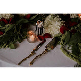 2 Piece Gold-leaf (twig) Cake Server Set. 1 Cake Knife and 1 Cake Server. Leaf Design 2 Tone Made of Stainless Steel and Brass. Ideal for Weddings, Party's, Elegant Events.
