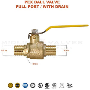 MIDLINE VALVE 607Q034-4 Full Port x PEX Barb Ball Valve Water Shut Off with Drain, 1/2", Brass (Pack of 2}