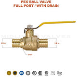 MIDLINE VALVE 607Q034-4 Full Port x PEX Barb Ball Valve Water Shut Off with Drain, 1/2", Brass (Pack of 2}