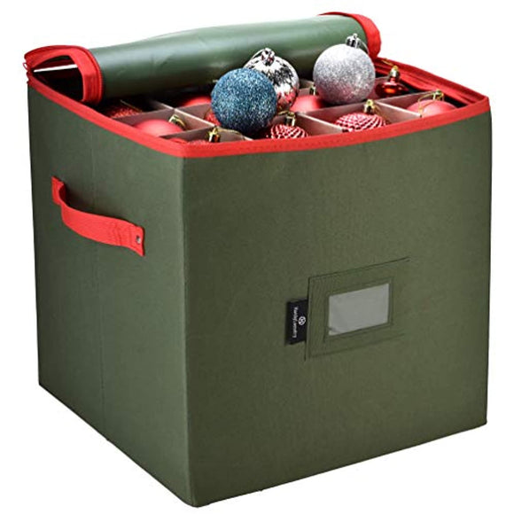 Christmas Ornament Storage - Stores up to 64 Holiday Ornaments, Adjustable Dividers, Zippered Closure with Two Handles. Attractive Storage Box Keeps Holiday Decorations Clean and Dry for Next Season.