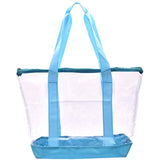 Clear Tote Bag - Zipper Closure, Long Shoulder Strap, Fabric Trimming. (Teal)