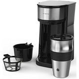 Vremi Single Cup Coffee Maker - Includes 14 Ounce Travel Coffee Mug and Reusable Filter - Personal 1 Cup Drip Coffee Maker to Brew Ground Beans - Black and Silver Single Serve One Cup Coffee Dripper