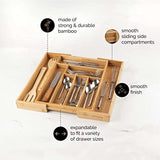 Bamboo Kitchen Drawer Organizer - Easily Adjust The Wooden Tray Width to Drawer Size, Deep Enough to Fit Entire Drawer and Accommodates Different Kitchen Utensil and Cutlery Sizes.