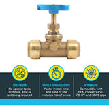 SharkBite 3/4 Inch Stop Valve with Drain and Vent, Push to Connect Brass Plumbing Fitting, PEX Pipe, Copper, CPVC, PE-RT, HDPE, 24635LF