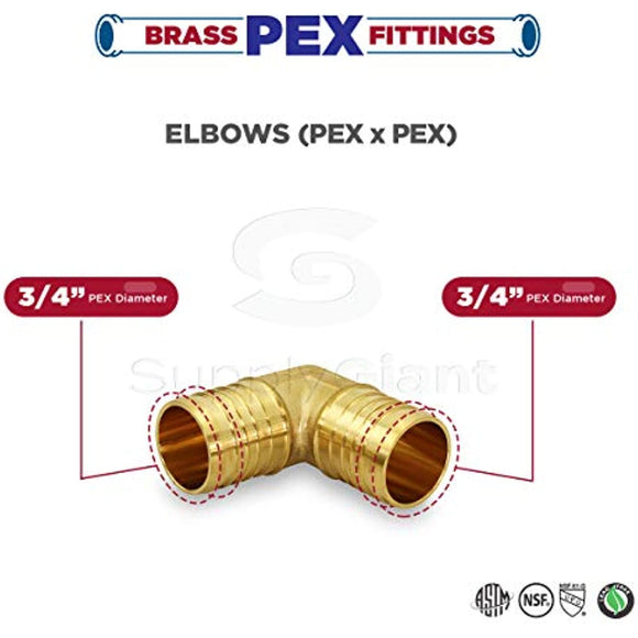 Supply Giant QYMO0034-10 X PEX 90 Degree Elbow Barb Pipe Fitting 3/4'' Brass (pack of 10), 3/4 Inch, 10 Count