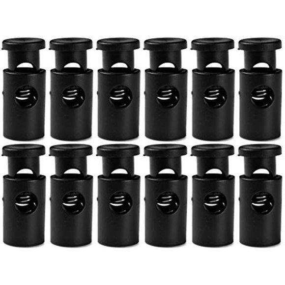 Plastic Cord Locks � Single Hole Spring Loaded Toggle Stoppers, Lock Cord on Drawstring Laundry Bags, Luggage, Tents and Clothing. (12-Pack, Black)