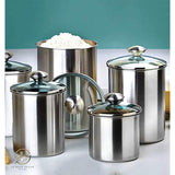 Set of 4 AIRTIGHT STAINLESS STEEL CANISTER SET for Kitchen Counter with GLASS LIDS + MARKER, LABELS, & SCOOP, Kitchen Canisters Ideal for Coffee, Flour, Sugar, Candy, Spices, Food Storage Cookie Jar