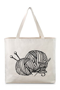 Reusable Canvas Bag - Large Tote Bag with Printed Knitting Theme. Double Stitched with Shoulder Straps. Easily Carry your Yarn and Knitting Needles. Made in USA (Knitting)