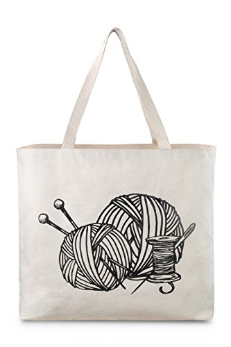 Reusable Canvas Bag - Large Tote Bag with Printed Knitting Theme. Double Stitched with Shoulder Straps. Easily Carry your Yarn and Knitting Needles. Made in USA (Knitting)