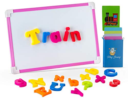 Play Brainy ABC Magnets Set with 30 Fun and Educational Picture Spelling Cards – 78 Piece Magnetic Alphabet and Number Set – Magnetic Board Included – Great for Home & Classroom Use- Magnetic Letters