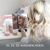 Makeup Mirror with Lights � Natural Soft Light, Adjust Brightness, 3X Magnification, USB or Battery Power, Tri-Fold and Rotation Design for Comfortable Viewing Angle. (Black)