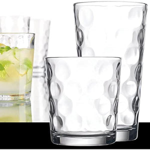 Drinking Glasses Set Of 16 - By Home Essentials & Beyond - 8 Highball Glasses (17 oz.), 8 Rocks Whiskey Glass cups (13 oz.), Inner Circular Lensed Kitchen Glass Cups for Water, Juice and Cocktails.
