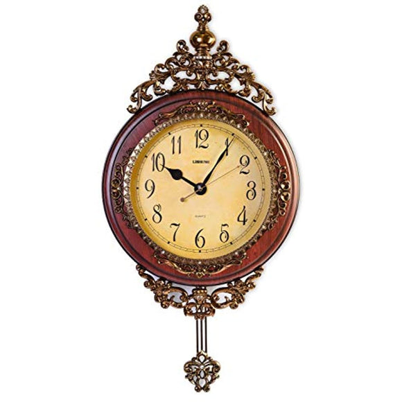 Elegant, Traditional, Decorative, Hand Painted Modern Grandfather Wall Clock W/Swinging Pendulum for New Room or Office. Color Brown & Bronze. Large. 24 Inch.