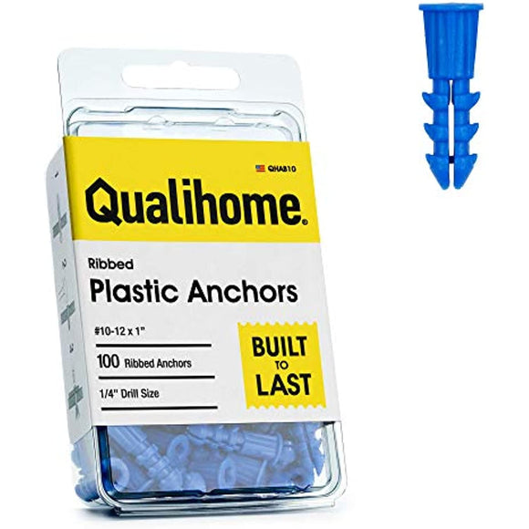 Premium Quality Ribbed Plastic Anchors, 100 Pack (#10-12 x 1