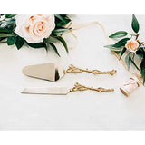 2 Piece Gold-leaf (twig) Cake Server Set. 1 Cake Knife and 1 Cake Server. Leaf Design 2 Tone Made of Stainless Steel and Brass. Ideal for Weddings, Party's, Elegant Events.