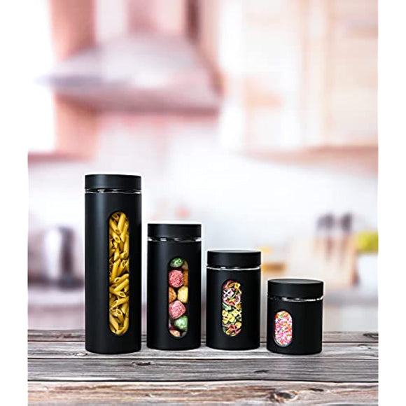 Quality Modern Black Stainless Steel Canister Set for Kitchen Counter with Glass Window & Airtight Lid - Food Storage Containers with Lids Airtight - Pantry Storage and Organization Set