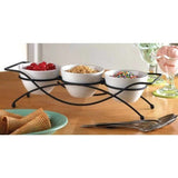 Elegant 4-piece Tier Relish Tray with White Ceramic Bowl Dish & Stand, Server Set with Metal Rack, Buffet Server for Appetizers, Candy, Nuts and Dips & Favorite Food.