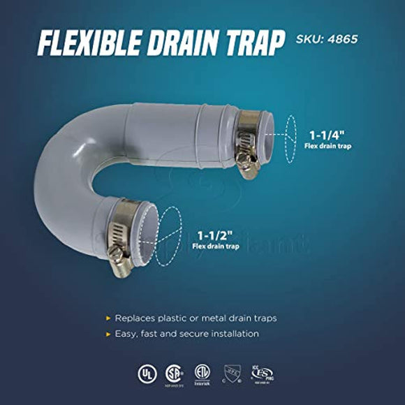 EVERCONNECT 4865 Flexible PVC Rubber Tubular Drain Trap with Stainless steel Clamps, 1-1/2