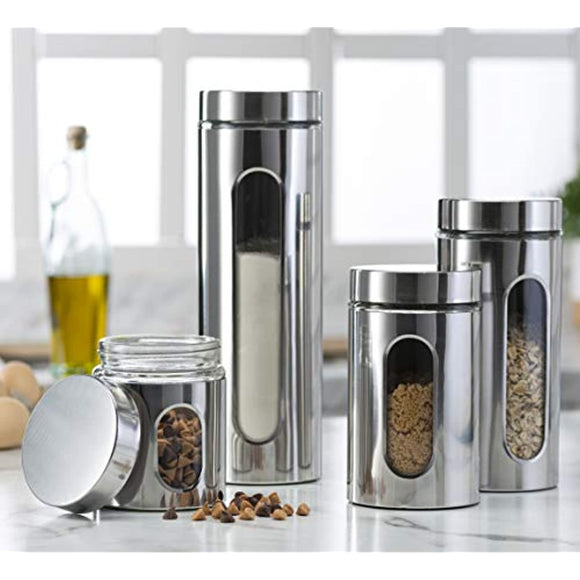 Quality 4pc Stainless Steel Canister Set for Kitchen Counter with Glass Window & Airtight Lids, Food Storage Containers, Pantry Storage & Organization Set for Coffee, Flour, Pasta, Rice, Spices, Herbs
