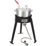 Bayou Classic 2212 Aluminum Fish Cooker Features 10-qt Aluminum Fry Pot w/ Basket 5-in Stainless Thermometer 4-in Cast Aluminum Burner 19-in Tall Steel Frame 5-psi Regulator w/ 29-in Stainless Hose