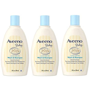 Aveeno Baby Wash & Shampoo, Tear Free, Travel Size 2 Oz (59ml) - Pack of 3