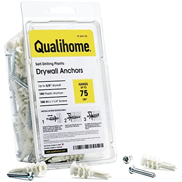 #8 Self Drilling Drywall Plastic Anchors with Screws - No Pre Drill Hole Preparation Required - 75 Lbs (100 Pack)