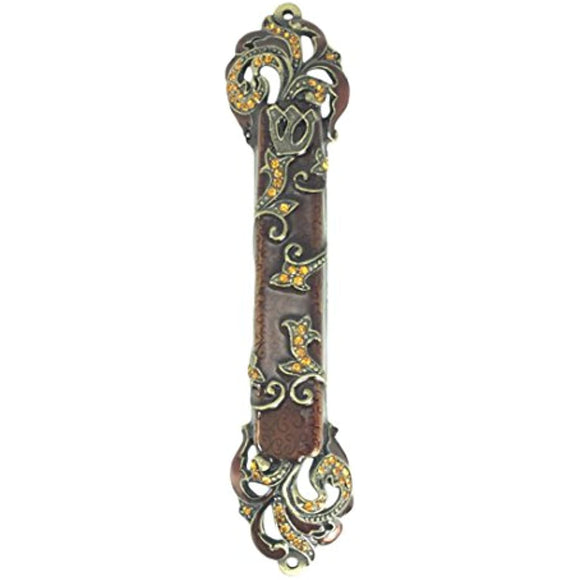 Welforth Beautiful Bejeweled Brown with Gold Finish Pewter Jewish Judaica Mezuzah