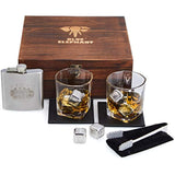 Poker Whiskey Stones Gift Set, 8 Chilling Stones, 2 Glasses, 1 Flask, Tongs, and 2 Coasters with Gift Box, Texas Hold’em Gifts for Men - Whiskey Glassware in Wooden Gift Box