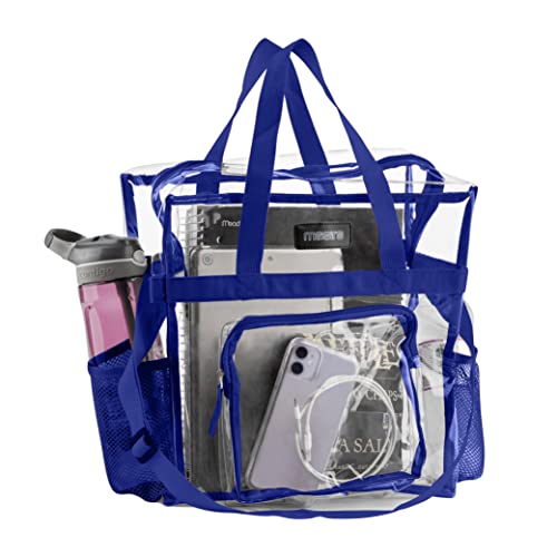Clear Tote Bag Stadium Approved - Mesh Pockets, Shoulder Straps and Zippered Top. Perfect Clear Bag for Work, School, Sports Games and Concerts. Meets Stadium Tournament Guidelines. (Blue)