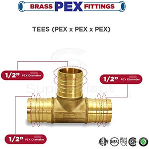 Supply Giant QYUF0012-10 X PEX Barb Tee Pipe Fittings 1/2" Brass (Pack of 10)