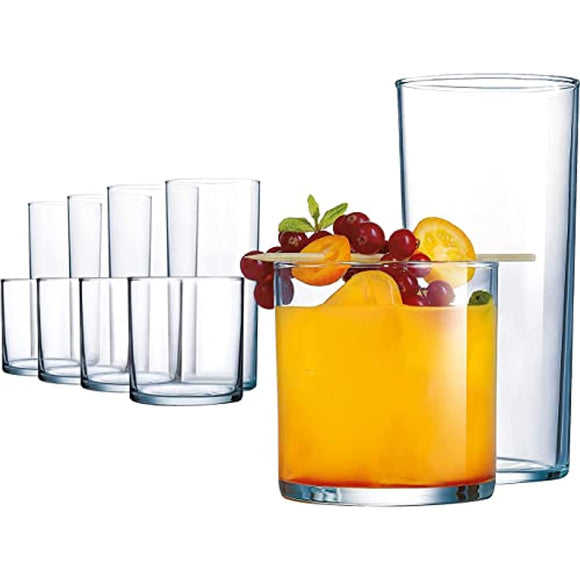 Elegant Drinking Glasses, 8 Highball Glasses (16oz) and 8 Rocks Glass (12oz), Set of 16 Durable Glass Cups — Lead-Free Clear Glassware Set