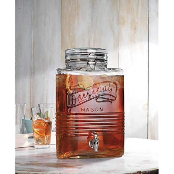 Attractive 2 Gallon Triangular Glass Drink Dispenser - 100% Leak Proof - Wide Mouth Easy Filling - Fun Party Outdoor Glassware Beverage Dispenser for Water, Iced Tea, Punch, Cold Drinks, Mason Jar