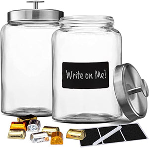 2 1-Gallon Glass Jars with Stainless Steel Airtight Lids + Marker & Labels, Cookie Jar & Candy Jar for Buffet, Coffee & Flour Canister Sets for Kitchen Counter, Laundry Room Storage & Pantry