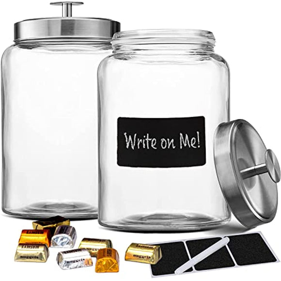 2 1-Gallon Glass Jars with Stainless Steel Airtight Lids + Marker & Labels, Cookie Jar & Candy Jar for Buffet, Coffee & Flour Canister Sets for Kitchen Counter, Laundry Room Storage & Pantry