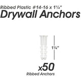 Premium Quality Ribbed Plastic Drywall Wall Anchors (#14-16 x 1-1/4")