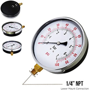 Supply Giant 4.5 Dial Utility Dry Water Pressure Gauge, Ideal for Swimming Pool Filter - Sprinkler-Spa-Well Pump - Aquarium - Water Hose, 14 NPT Lower Mount Connection, 0-100 Psi, Black(PG45100)