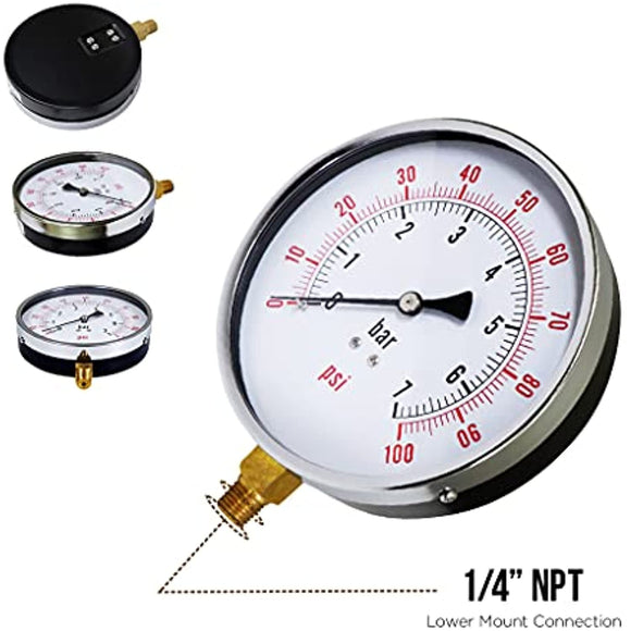Supply Giant 4.5 Dial Utility Dry Water Pressure Gauge, Ideal for Swimming Pool Filter - Sprinkler-Spa-Well Pump - Aquarium - Water Hose, 14 NPT Lower Mount Connection, 0-100 Psi, Black(PG45100)