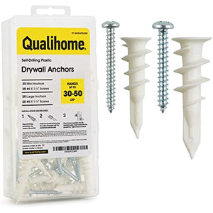 Plastic Self Drilling Drywall Anchors and Screws Kit | Includes 25 Small Drywall Anchors, 25#6 1-1/4 Inch Screws, 25 Large Anchors, 25#8 X 1-�� Screws & Reusable Case | Anchors are Made in The USA