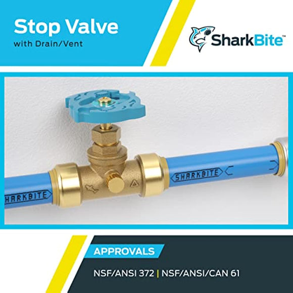 SharkBite 3/4 Inch Stop Valve with Drain and Vent, Push to Connect Brass Plumbing Fitting, PEX Pipe, Copper, CPVC, PE-RT, HDPE, 24635LF