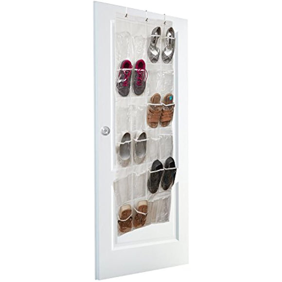 Vinyl Over The Door Shoe Organizer with 24 Reinforced Pockets. Organize Your Shoes with This Shoe Rack Over The Door Organizer and Save Space. Hang on Standard Doors with 3 Steel Over The Door Hooks.