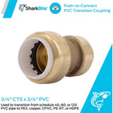 SharkBite 3/4 Inch CTS x 3/4 Inch PVC Transition Coupling, Push to Connect Brass Plumbing Fitting, PEX Pipe, Copper, CPVC, PE-RT, HDPE, UIP4016A