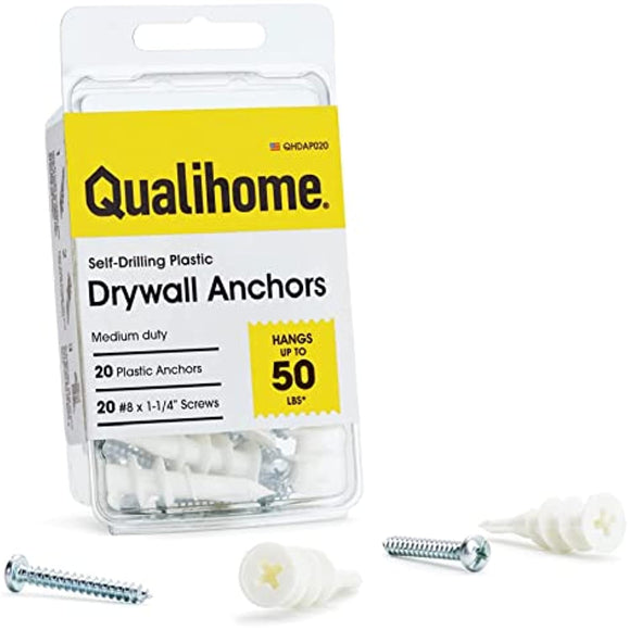 Qualihome Heavy Duty Plastic Self Drilling Drywall Anchors and Screws Kit | Anchors are Made in The USA (20 Pack)