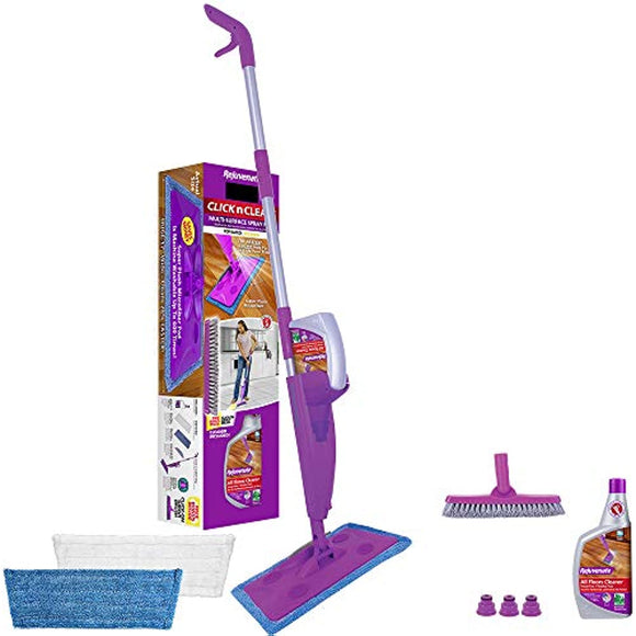 Rejuvenate Click N Clean Multi-Surface Spray Mop System Complete Bundle Includes Free Click-On Pro Grade Grout Brush Reusable Microfiber Pads 32oz No-Bucket Floor (Click N Clean Bundle)