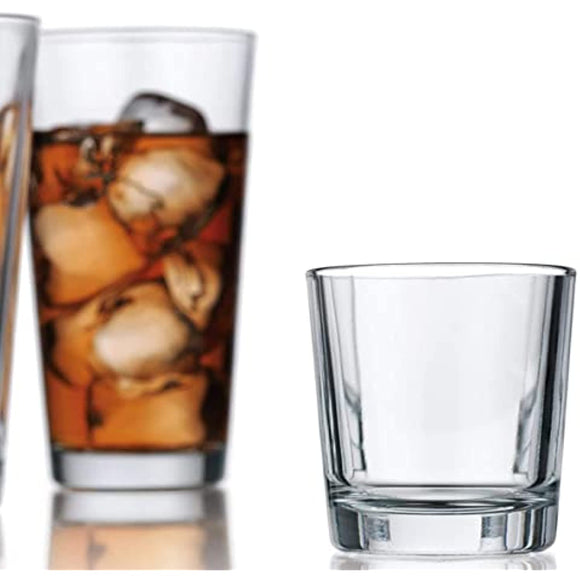 Clear Drinking Glasses Set of 16, Durable Heave Base Glass Cups, 8 Highball Cocktail Glasses, and 8 Rock DOF Whiskey Glasses - Beer Glasses Ideal for Water, Juice, Wine, and Everyday Cocktails